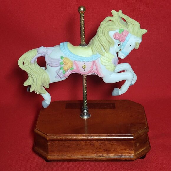 Musical Carousel Horse Bisque Porcelain Wood Base Plays Wind Beneath My Wings - Picture 3 of 12